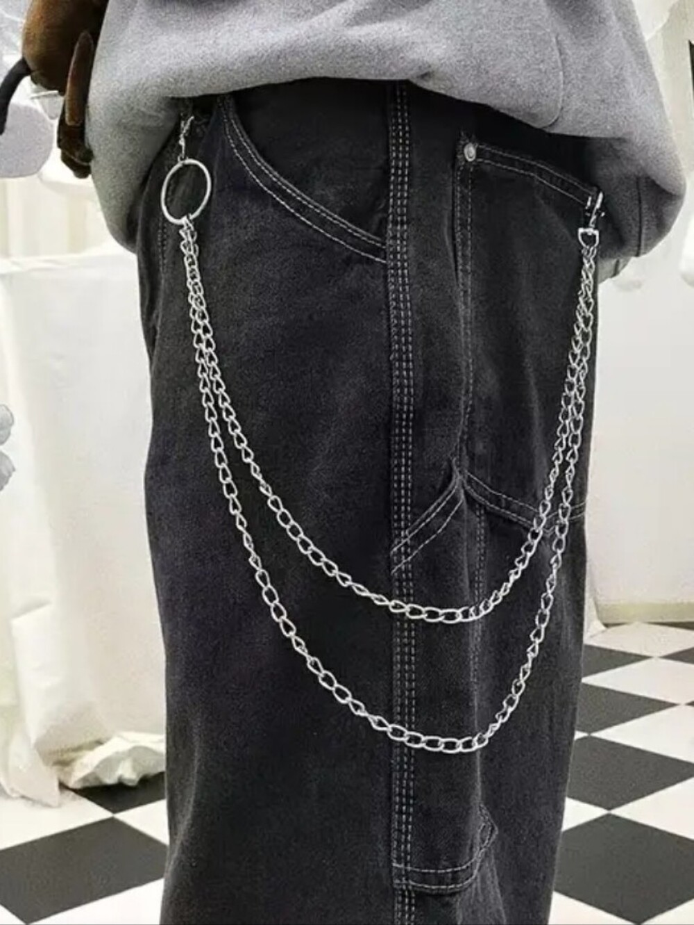 Unisex,Double Layer Silver Chain Waist Accessory - Black Pants